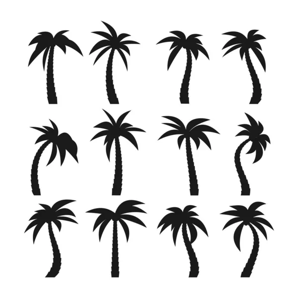 Set of sixteen different silhouettes of palm trees — Stock Vector