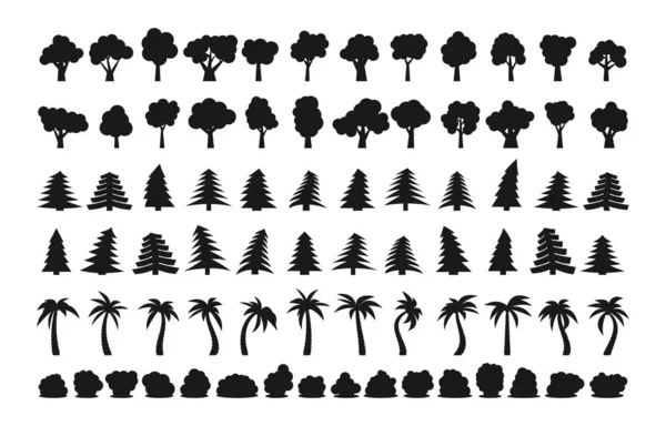 Grand ensemble de différentes silhouettes sombres d'arbres — Image vectorielle