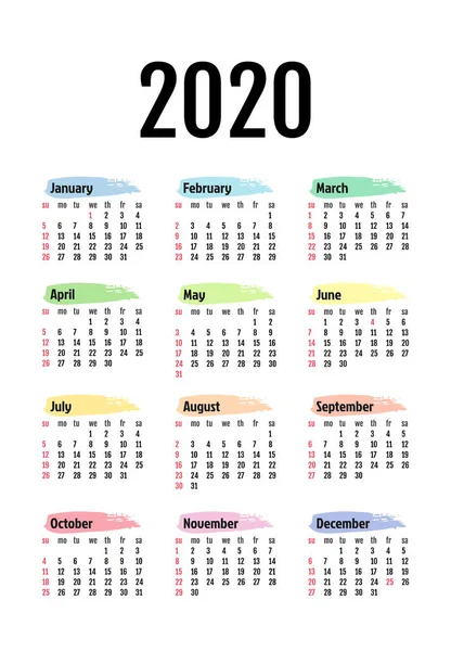 Calendar for 2020 isolated on a white background — Stock Vector
