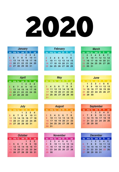Kalendář pro rok 2020 izolovaných na bílém pozadí — Stockový vektor