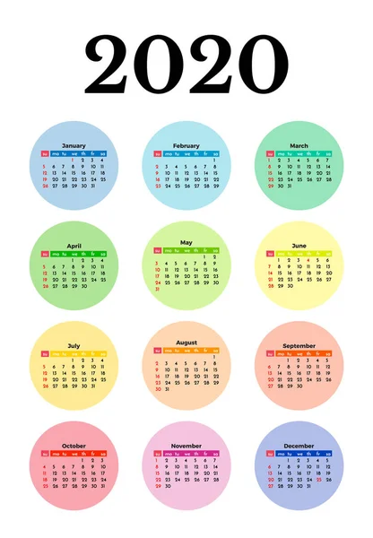 Calendario para 2020 aislado sobre fondo blanco — Vector de stock