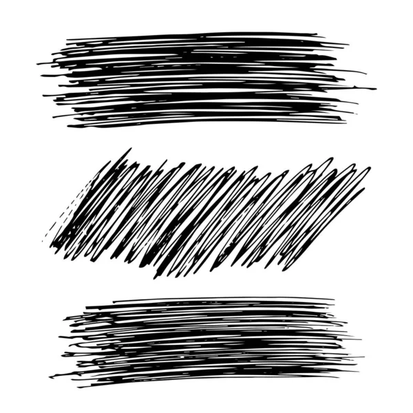 Ескіз сценарію Scribble Smear. Набір з трьох мальованих олівцем плям. Занепокоєний грандж-ролик. Векторні ілюстрації . — стоковий вектор