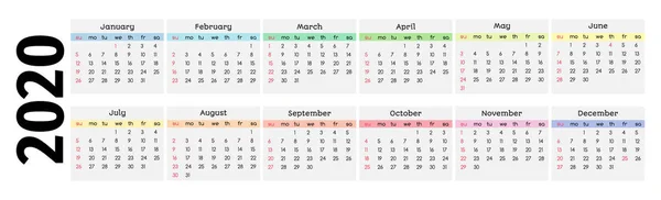 Календарь на 2020 год на белом фоне — стоковый вектор