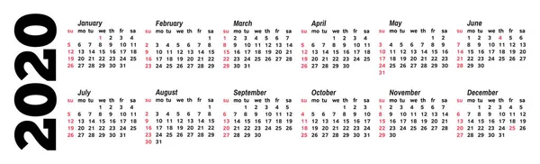 白い背景に分離した 2020 年のカレンダー — ストックベクタ