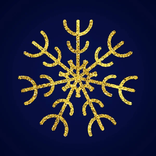 Floco de neve de brilho dourado no fundo azul escuro — Vetor de Stock