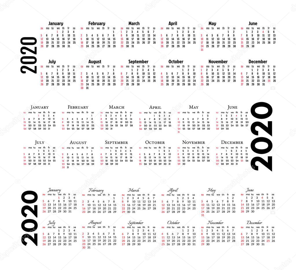 Calendar for 2020 isolated on a white background