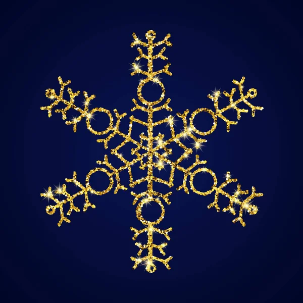 Floco de neve de brilho dourado no fundo azul escuro — Vetor de Stock