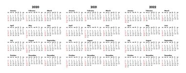 Calendars for 2020, 2021 and 2022 isolated on a white background vector