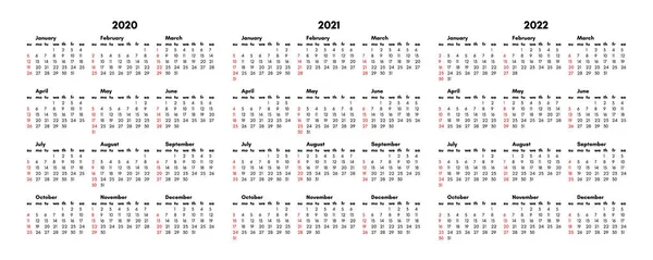 Calendars for 2020, 2021 and 2022 isolated on a white background Vector Graphics