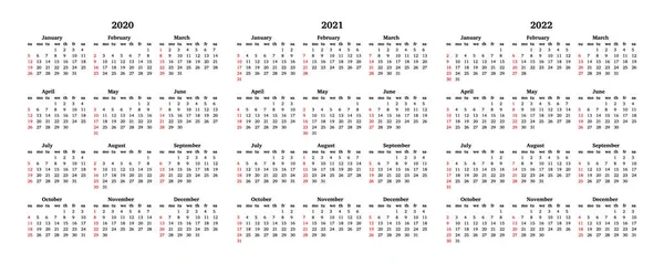 Calendars for 2020, 2021 and 2022 isolated on a white background Royalty Free Stock Vectors
