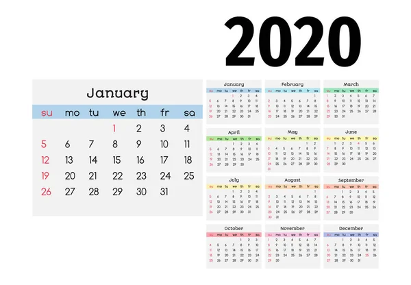 Calendar for 2020 isolated on a white background — Stock Vector