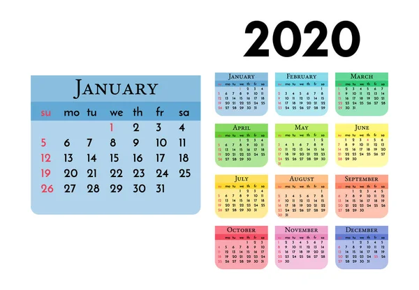 Calendario para 2020 aislado sobre fondo blanco — Vector de stock