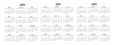 Calendars for 2020, 2021 and 2022 isolated on a white background vector