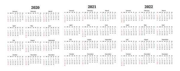 Calendars for 2020, 2021 and 2022 isolated on a white background — Stock Vector