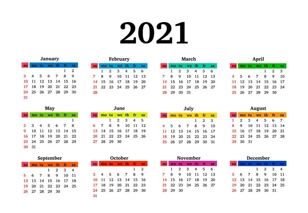 Calendario para 2021 aislado sobre fondo blanco — Vector de stock