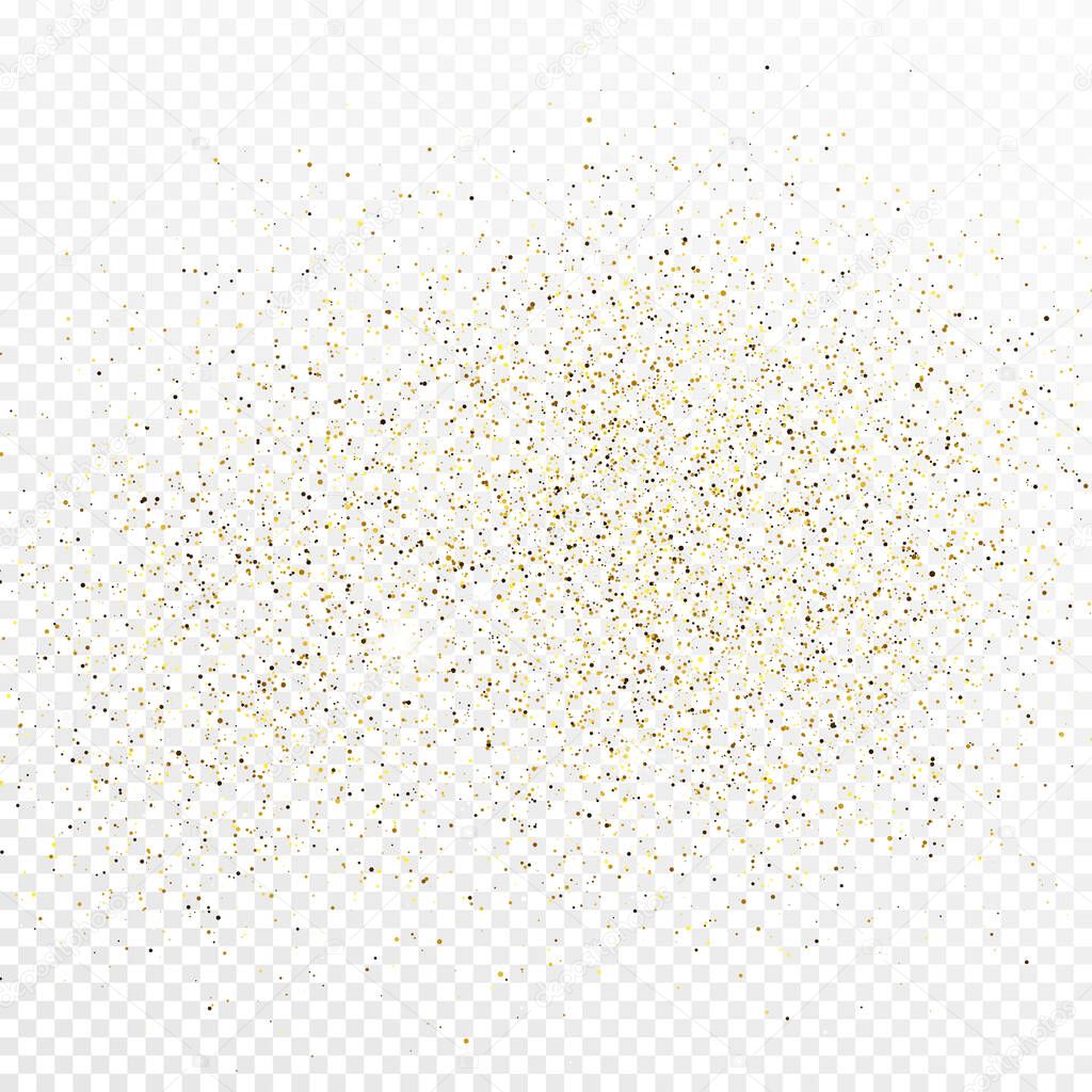 Gold glitter confetti backdrop isolated on white transparent background. Celebratory texture with shining light effect. Vector illustration.