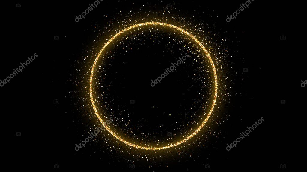 Golden circle frame with glitter, sparkles and flares on dark background. Empty luxury backdrop. Vector illustration.