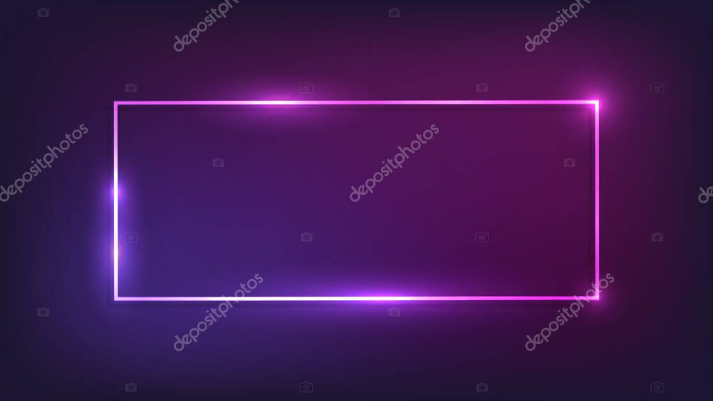 Neon rectangular frame with shining effects on dark background. Empty glowing techno backdrop. Vector illustration.