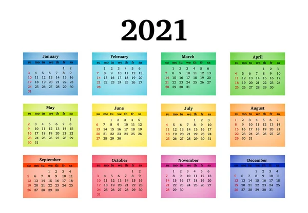 Kalendář pro rok 2021 izolované na bílém pozadí — Stockový vektor