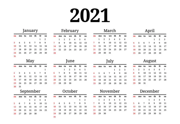 Calendario para 2021 aislado sobre fondo blanco — Vector de stock