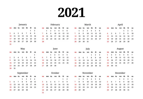 Calendar for 2021 isolated on a white background — Stock Vector