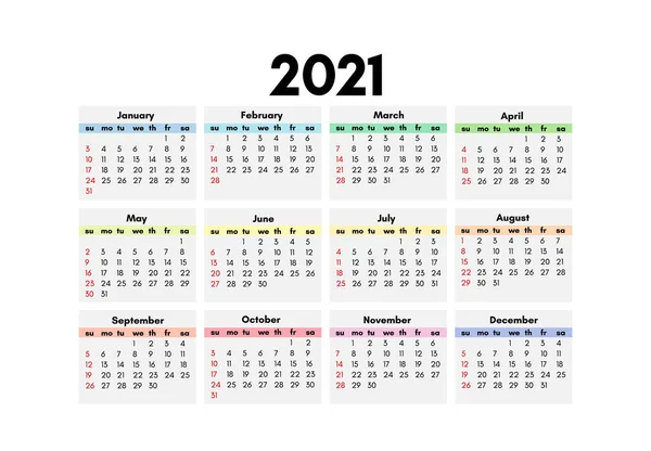 Kalender für 2021 isoliert auf weißem Hintergrund — Stockvektor