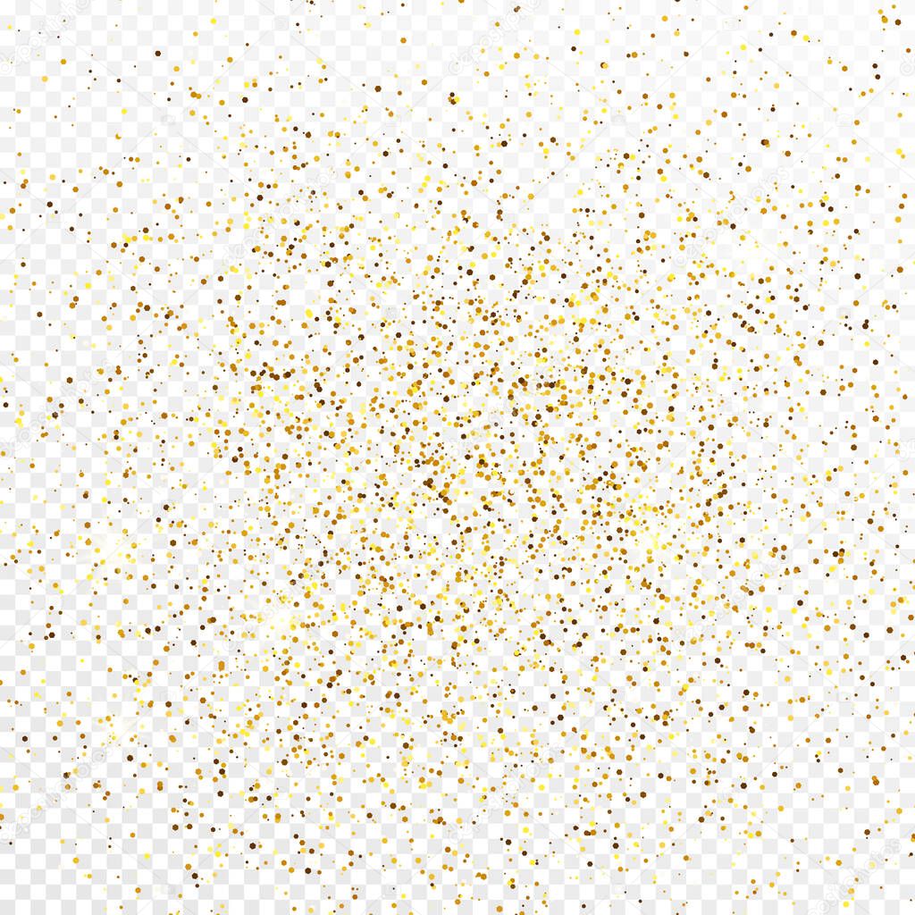Gold glitter confetti backdrop isolated on white transparent background. Celebratory texture with shining light effect. Vector illustration.