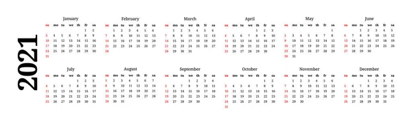 Calendario para 2021 aislado sobre fondo blanco — Vector de stock