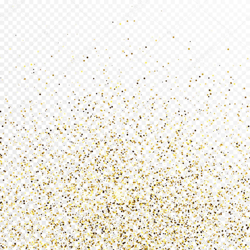 Gold glitter confetti backdrop isolated on white transparent background. Celebratory texture with shining light effect. Vector illustration.