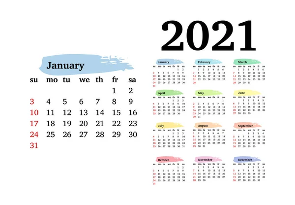 Calendario para 2021 aislado sobre fondo blanco — Vector de stock