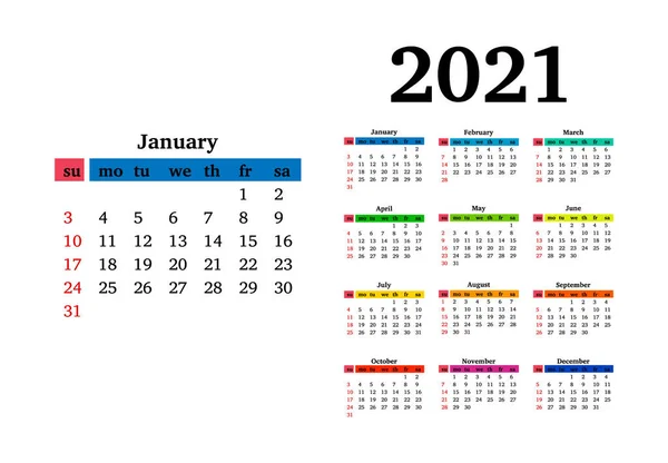 Kalender für 2021 isoliert auf weißem Hintergrund — Stockvektor