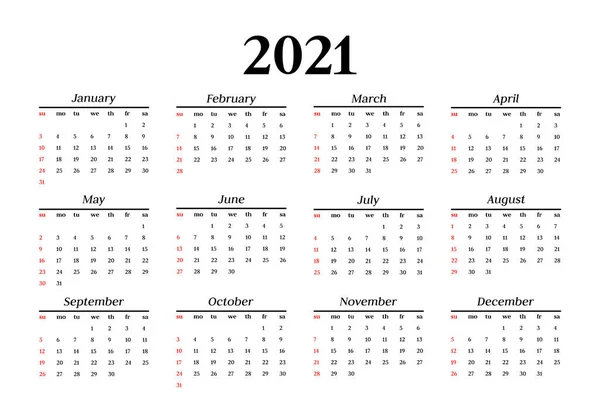 Calendario para 2021 aislado sobre fondo blanco — Vector de stock