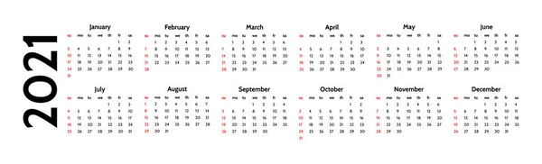 Kalender für 2021 isoliert auf weißem Hintergrund — Stockvektor