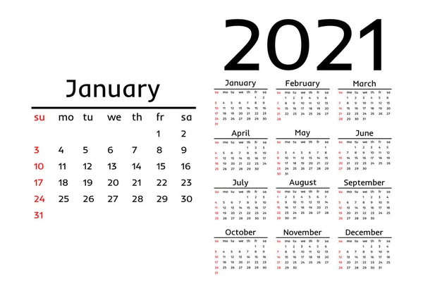 Calendario para 2021 aislado sobre fondo blanco — Vector de stock