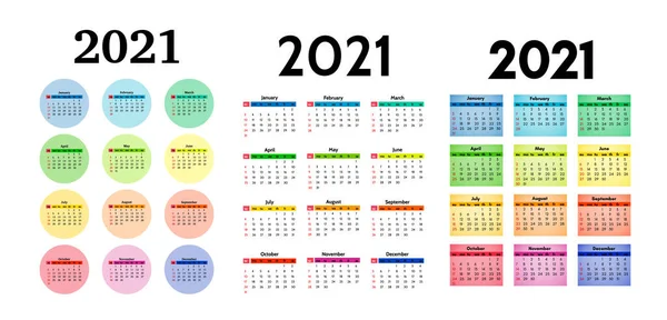 Soubor Tří Vertikálních Kalendářů Pro Rok 2021 Izolovaných Bílém Pozadí — Stockový vektor