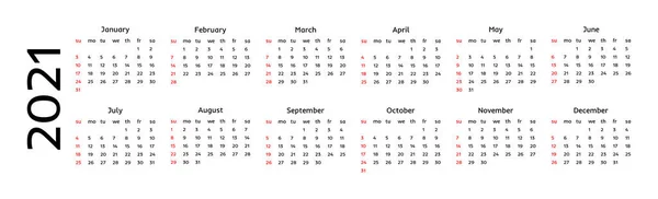 Kalender für 2021 isoliert auf weißem Hintergrund — Stockvektor