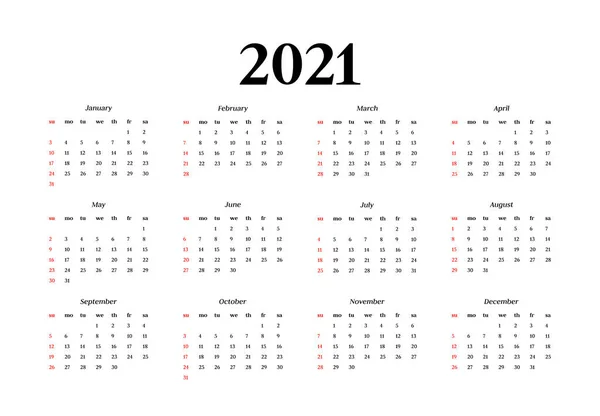 Calendar for 2021 isolated on a white background — Stock Vector