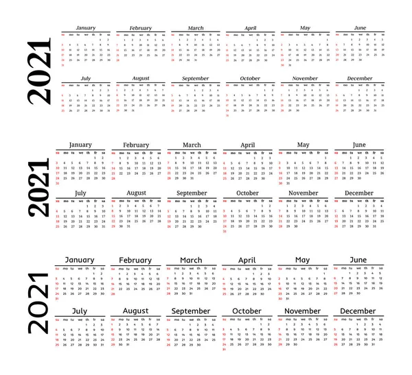 Calendario para 2021 aislado sobre fondo blanco — Vector de stock