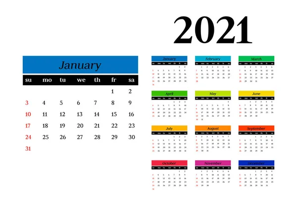 Calendar for 2021 isolated on a white background — Stock Vector