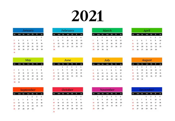 Calendario para 2021 aislado sobre fondo blanco — Vector de stock