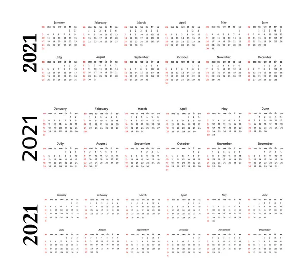 Calendar for 2021 isolated on a white background — Stock Vector