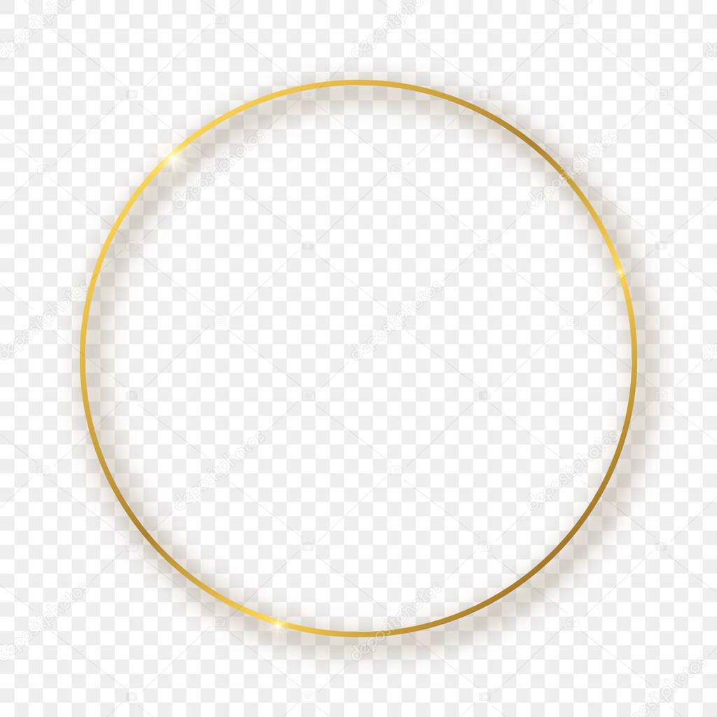 Gold glowing circle frame with shadow isolated on transparent background. Shiny frame with glowing effects. Vector illustration.