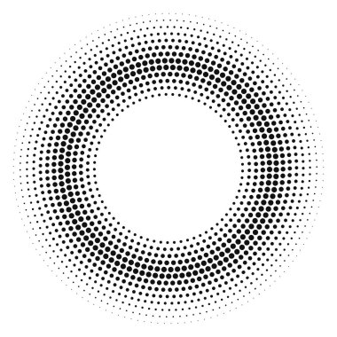 Soyut siyah yarım ton noktalı arkaplan daire şeklinde. Yarım ton noktalarını çember yapın. Vektör illüstrasyonu