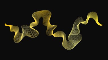 Karanlık arka planda lüks altın dalgaları olan soyut bir fon. Modern teknoloji arka planı, dalga tasarımı. Vektör illüstrasyonu