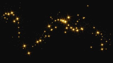 Altın parıldayan konfeti dalgası ve yıldız tozu. Koyu arkaplanda altın sihirli parıltılarla arka plan. Vektör illüstrasyonu