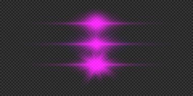 Lens fişeklerinin ışık etkisi. Gri şeffaf arkaplanda parıldayan üç mor yatay ışık patlaması efekti. Vektör illüstrasyonu