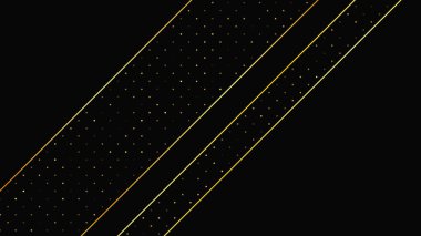 Soyut altın çizgileri ve parlak noktaları olan gösterişli, koyu bir arka plan. Işıldayan pırıltılı arkaplan. Modern şablonlar için şık ve zarif bir tasarım. Vektör illüstrasyonu
