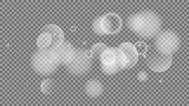 Bokeh şeffaf arkaplanda daireler çiziyor. Beyaz parlayan toz, parlayan ışıltı ve bokeh ışıkları. Vektör illüstrasyonu