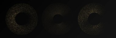 Soyut altın parlayan yarım tonlu noktalı arkaplan. Daire şeklinde üç altın parıltılı desen. Yarım ton noktalarını çember yapın. Vektör illüstrasyonu