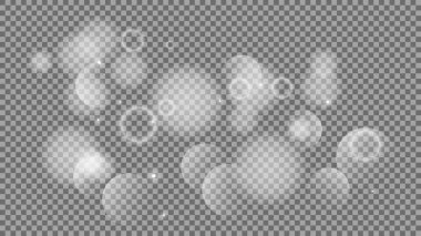 Bokeh şeffaf arkaplanda daireler çiziyor. Beyaz parlayan toz, parlayan ışıltı ve bokeh ışıkları. Vektör illüstrasyonu